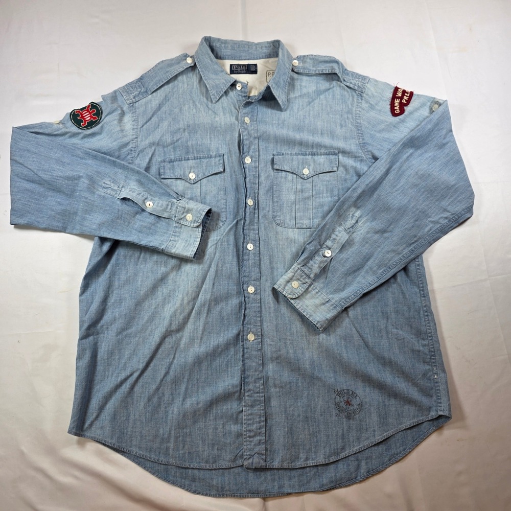 Polo Ralph Lauren Game Warden PRLC Shirt XXL Chambray Military Patch Expedition